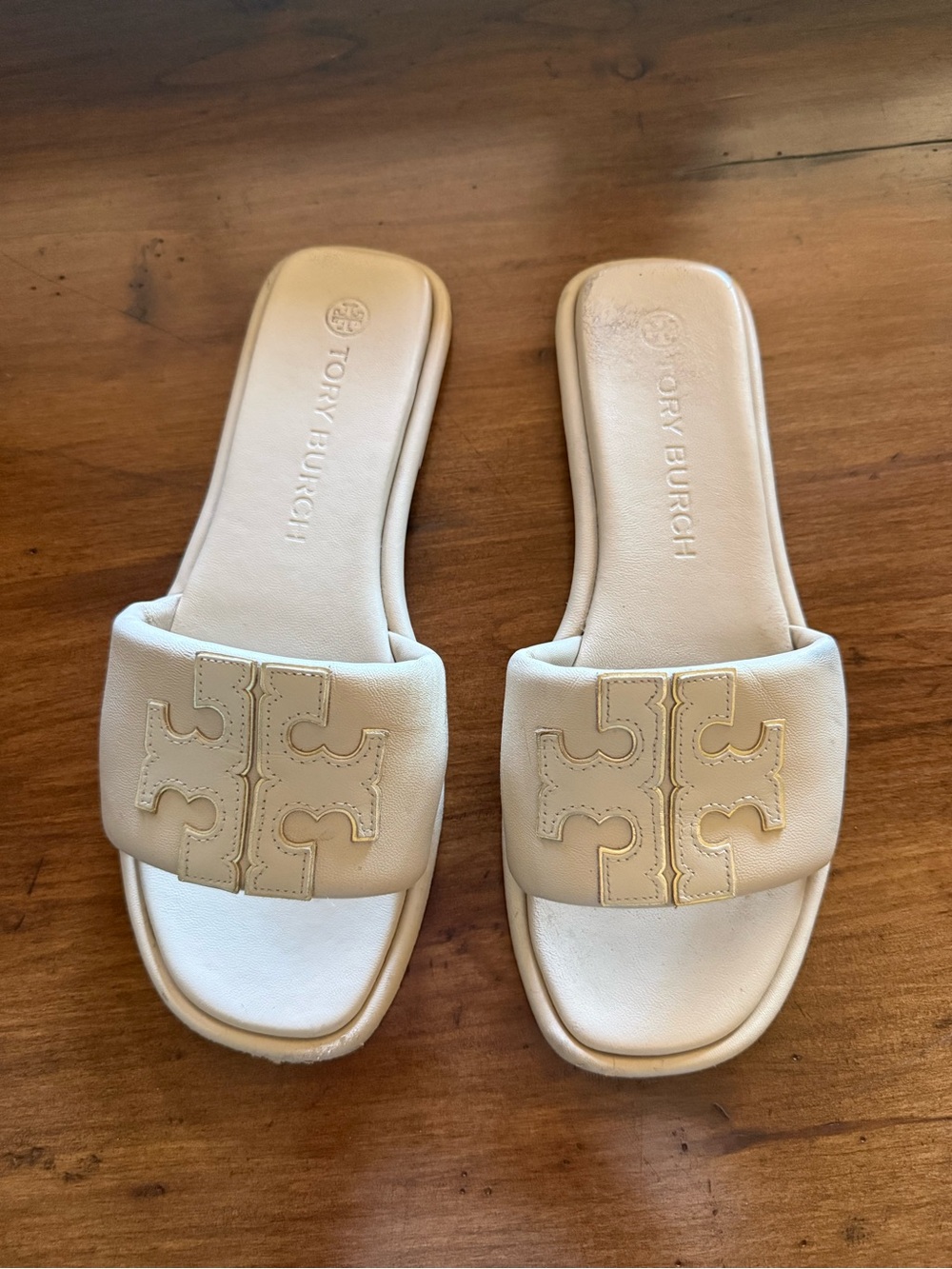 Tory Burch Cream Leather Logo Slide Sandals